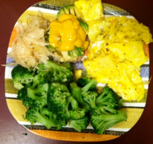 Breakfast of Leprechauns: Eggs, broccoli, pork sausage, and sauerkraut!